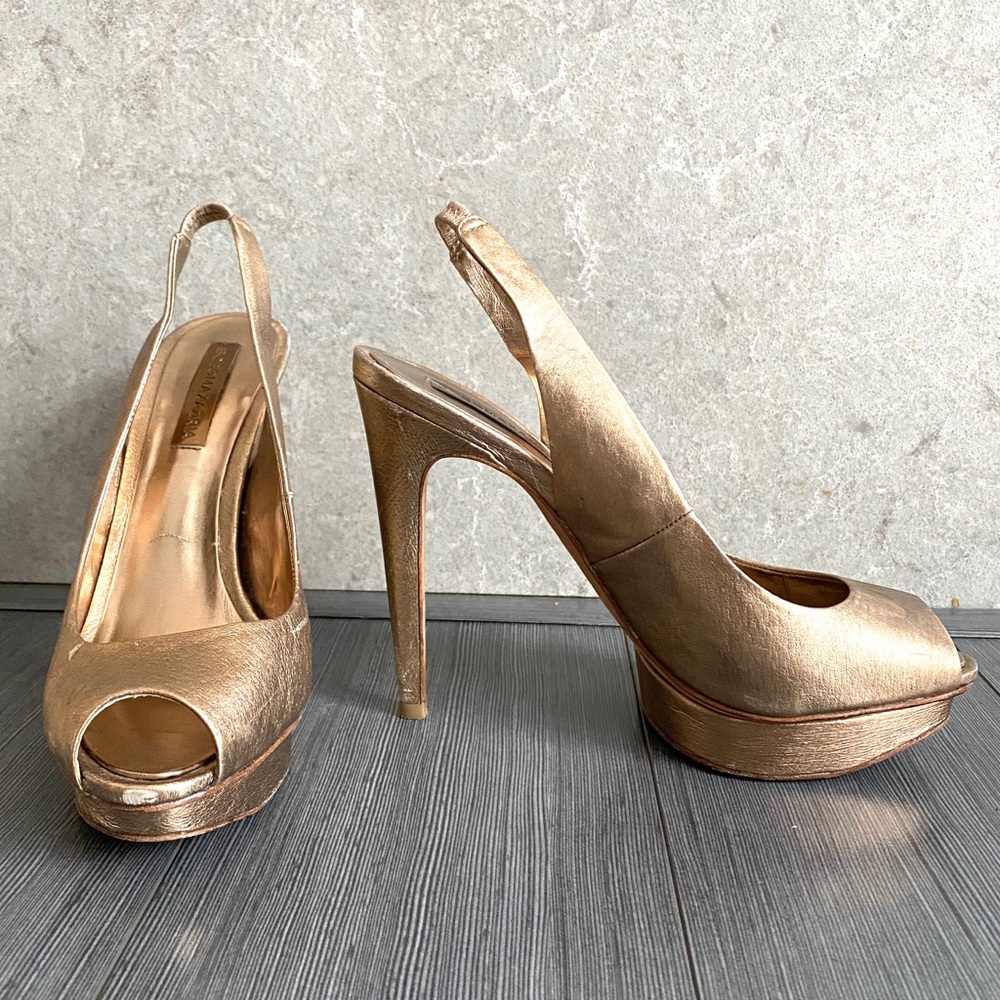 BCBG Maxazria Rose Gold peep-toe heels
